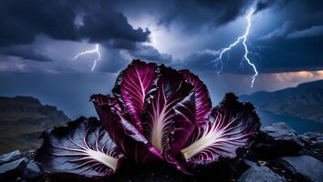Purple Cabbage Against Stormy Sky with Lightning in Mountainous Landscape photo