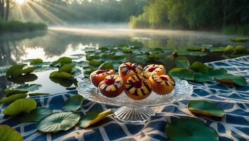 Grilled Peach Halves on Cake Stand at Lake with Lily Pads photo