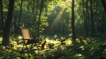 Squirrels Run Through Sunlight in a Forest Glade with Chair photo