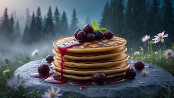 Stack of Pancakes with Berries and Syrup in Rainy Forest Setting photo