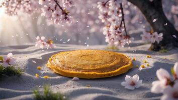 Pancake Displayed on Grassy Ground with Cherry Blossoms and Petals photo