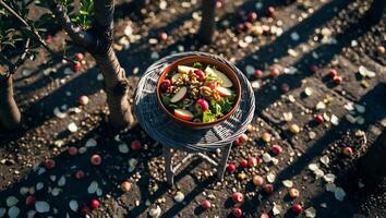 Serving of Apple and Walnut Salad on a Wicker Table Outdoors photo