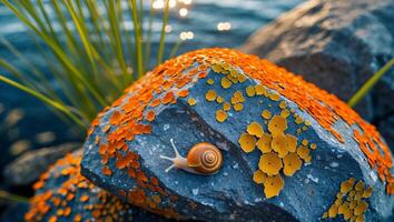 Snail Crawling on Rock Covered with Colorful Lichen Near Water photo