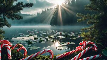 Candy Canes by Misty Lake with Lily Pads and Sunlight photo
