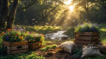 Flowers in Wood Crates by Stream at Sunrise with Dragonflies photo