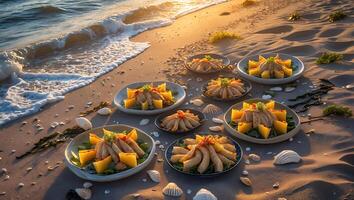Food Presentation on Beach Sand at Sunset with Ocean Waves photo