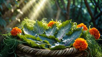 Gathered Harvest Leaves and Orange Flowers in a Rustic Basket Outdoors photo