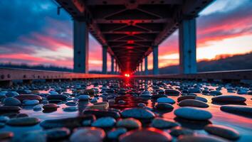 Pebbles and Metal Bridge at Colorful Sunset Landscape Photography photo