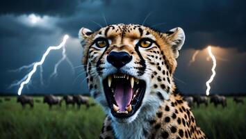 Roaring Cheetah Headshot with Dramatic Stormy Sky and Lightning Strikes photo
