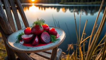 Beet Salad Plate on Chair at Lakeside Sunset for Outdoor Dining photo