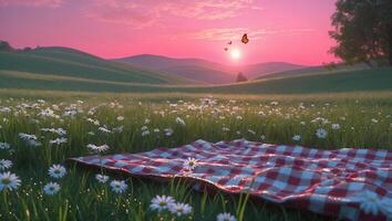 Picnic Blanket in Meadow with Daisies at Pink Sunset Scenery photo
