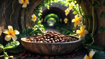Bowl of Cocoa Beans in Flower Tunnel Setting with Warm Light photo
