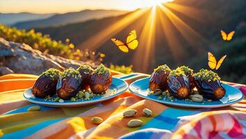 Stuffed Dates Topped with Pistachios on Plates in Outdoor Setting photo