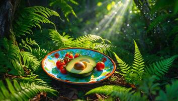 Avocado and Cherry Tomatoes on Plate in Natural Fern Setting photo