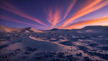Desert Dunes Landscape with Dramatic Sunset Sky and Distant Mountain photo