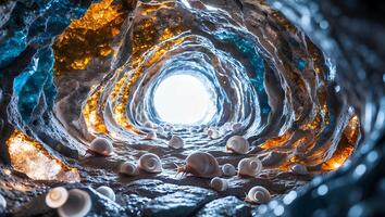 Snails Crawling in Colorful Cave Toward Light Opening photo