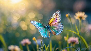 Colorful Butterfly Flying Among Flowers in a Dreamy, Sunlit Meadow photo