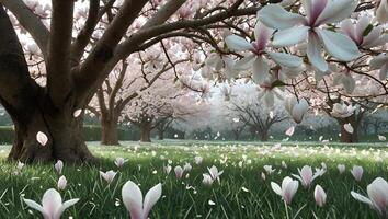 Magnolia Blossom Tree Blooms Over Green Meadow in Springtime Park photo