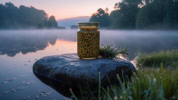Jar of Peas on Rock by Lake at Misty Sunrise photo