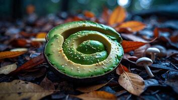 Halved Avocado Artfully Arranged on Autumn Leaves with Mushrooms photo