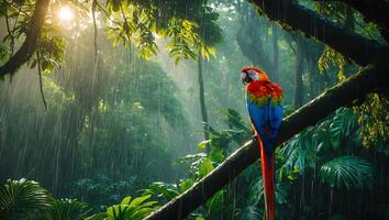 Colorful Macaw Perching on Branch in Rainforest During a Rain Shower photo
