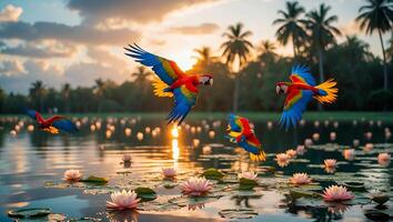 Macaws Flying Over Lotus Pond at Sunset Reflecting Golden Light photo