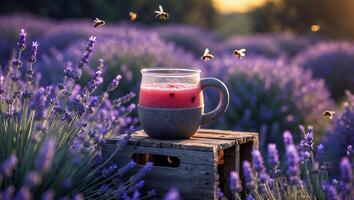 Refreshing Drink in Lavender Field with Bees Buzzing Around in Summer photo