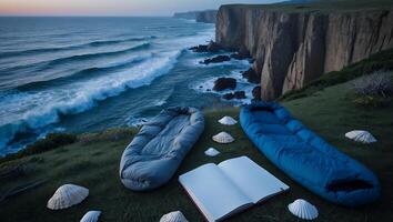 Sleeping Bags and Open Book on Grassy Cliff Overlooking Ocean photo