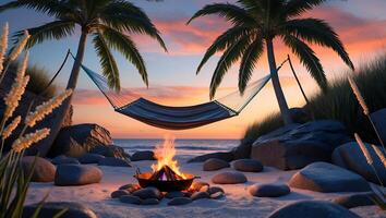 Relaxing Hammock with Bonfire on a Tropical Beach at Sunset photo