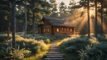 Cabin Retreat Glowing in Forest Sunlight with Wooden Stairway Path photo