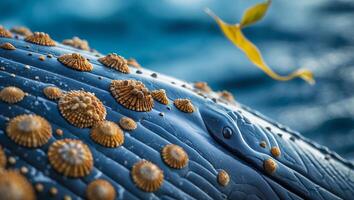 Whale Skin Close-up with Barnacles in Ocean, Featuring Algae photo