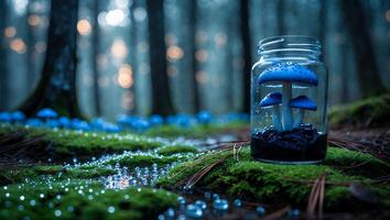 Blue Mushrooms in Jar on Mossy Forest Floor with Dew Drops photo