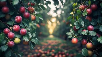 Harvesting Plums Ripe on Branches in a Lush Orchard Garden photo