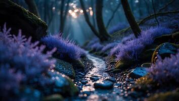 Walking Along Forest Stream Path with Sunlight and Purple Flowers photo