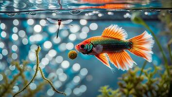 Colorful Fish Swimming Near Dragonfly in Aquarium with Blurred Background photo