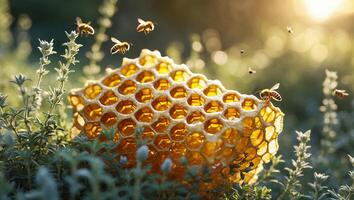 Bees Flying Around Honeycomb in Meadow with Warm Sunlight photo