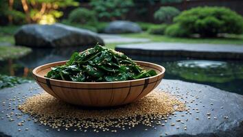 Spinach Salad in Wooden Bowl with Sesame Seeds on Stone Slab photo