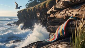 Ocean Waves Crashing Against Rocky Cliff with Flying Bird and Blanket photo