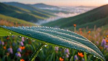 Dew Drops on Leaf in Mountain Valley Landscape at Sunrise photo
