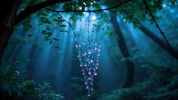 Dreamcatcher with Water Droplets Hanging in Mystical Forest Scene photo