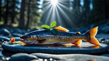 Freshly Caught Fish Displayed on Stone Slab with Natural Decoration photo