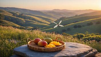 Mango Fruit Tray Atop Stone with Dragonfly and Scenic Landscape photo