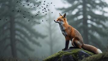 Fox Sitting on Mossy Rock Watching Birds Fly in Forest photo