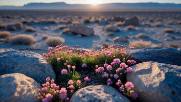 Pink Flowers Bloom Among Rocks in Arid Desert Landscape at Sunset photo