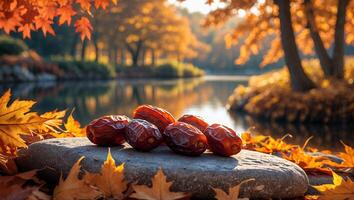 Dates Resting on Rock by Lake in Fall Foliage Setting photo