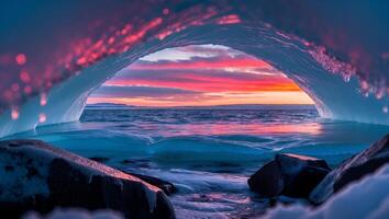 Ice Cave Framing Ocean Sunset with Vibrant Sky and Water photo
