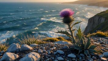 Thistle Flower Overlooking Ocean Waves Crashing on Rocky Coastline at Sunset photo