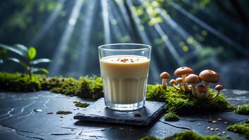 Drinking Creamy Beverage with Mushrooms and Moss in Enchanting Forest Light photo