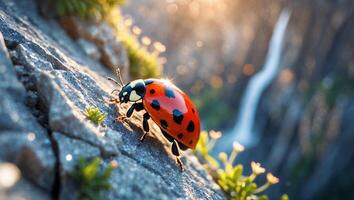Ladybug Climbing Rock with Waterfall Backdrop Under Soft Natural Lighting photo