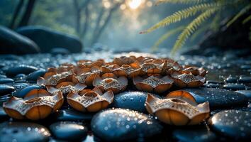 Pebbles with Strange Organic Pods Near Stream in Forest photo